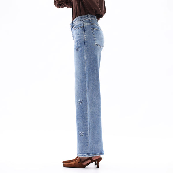 ONESO Women BBL Jeans Mid-Low Rise Wide Leg Stretch Relaxed Fit Embroidered Jeans Flat Tummy Design Simple Basic Trousers