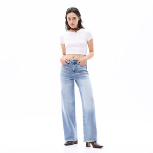 ONESO Women BBL High Rise Raw Hem Baggy Jeans High Stretchy Wide Leg Tummy Denim Pants