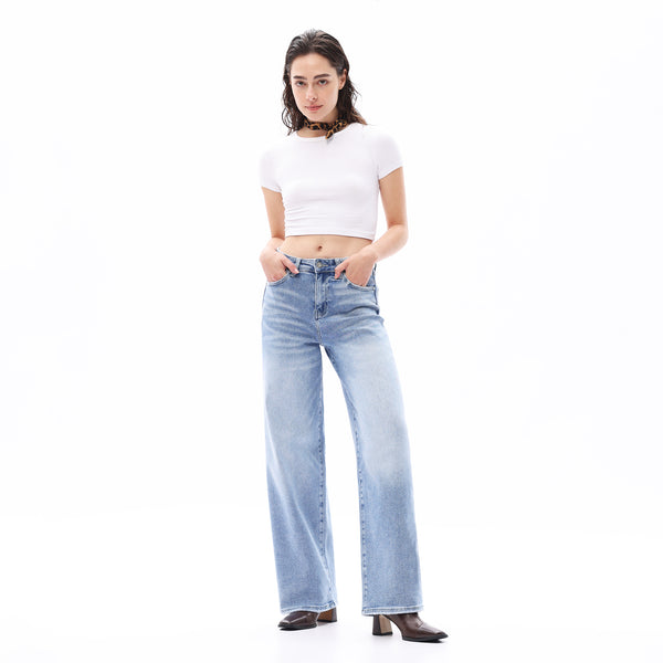 ONESO Women BBL High Rise Raw Hem Baggy Jeans High Stretchy Wide Leg Tummy Denim Pants