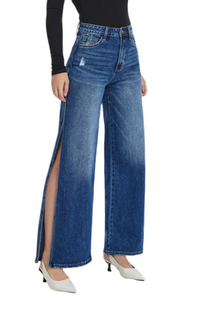 High Rise Stretch Wide Leg Side Slit Grinding Jeans