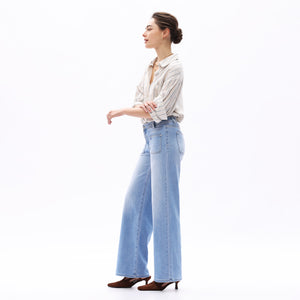 ONESO Women Mid-Waist Front Pocket Design Wide-Leg Jeans High Stretch Comfortable Denim Pants