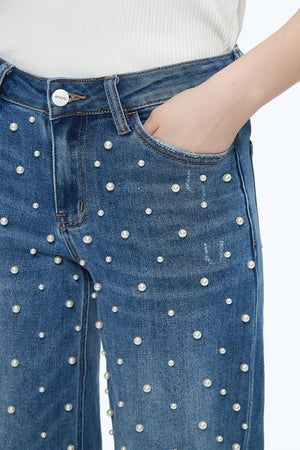ONESO Wide Leg Mid-Low Rise Baggy Jeans for Women Distressed Pants Stretchy Bottom Lady Basic Comfortable Denim