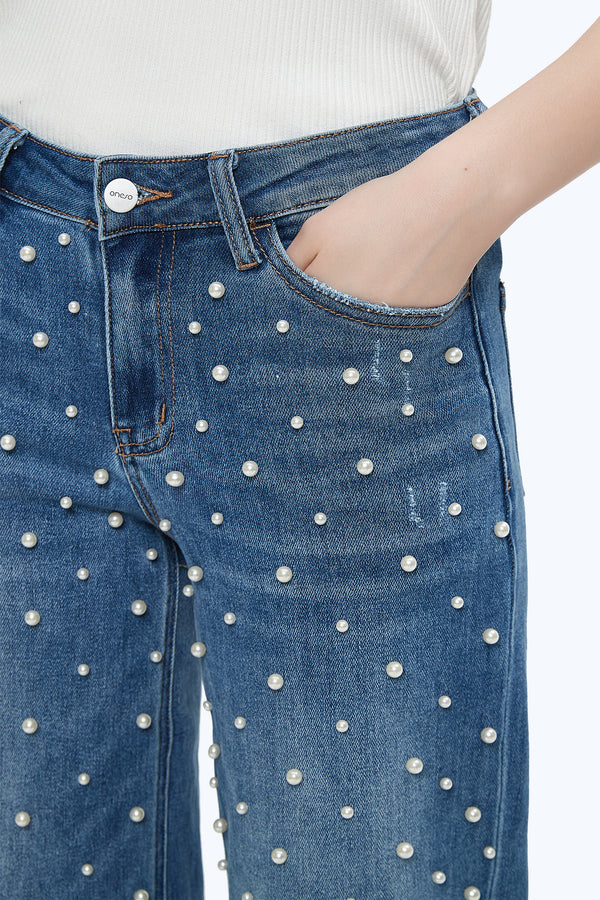 ONESO Wide Leg Mid-Low Rise Baggy Jeans for Women Distressed Pants Stretchy Bottom Lady Basic Comfortable Denim