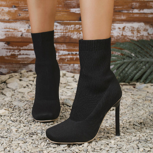 Square Toe Slim Heel Mid Calf Knit Boots