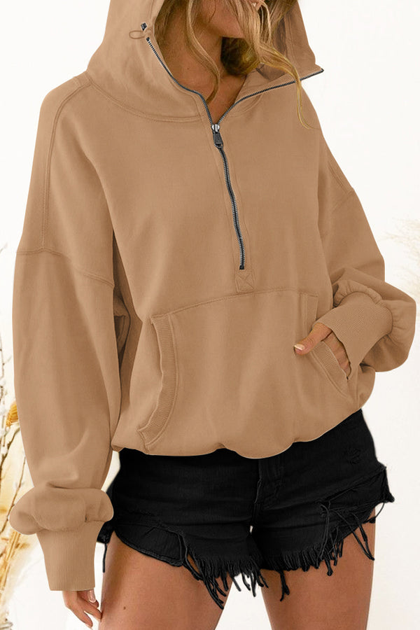 Women's Half Zip High Neck Drawstring Hooded Sweatshirt