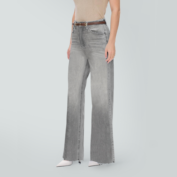 ONESO High Waist Stretchy Wide Leg BBL Jeans for Women Basic Straight Denim Pants Raw Hem Underwear Trouser