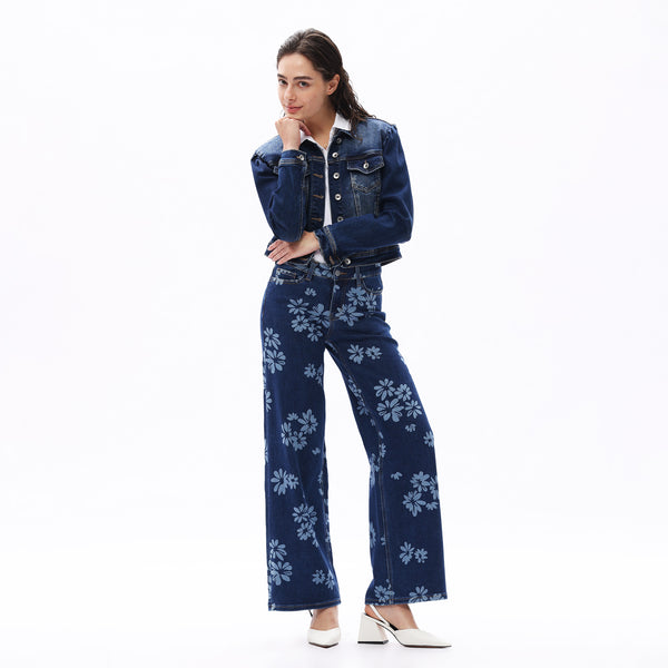 ONESO Women BBL Jeans Mid-Low Rise Wide Leg Stretch Baggy Printing Denim with Tummy Control Minimalist Basic Trouser