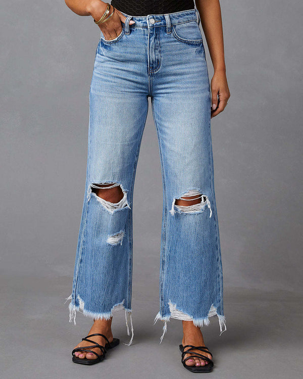 Wide Leg Fringe Washed Hole High Waist Straight Jeans