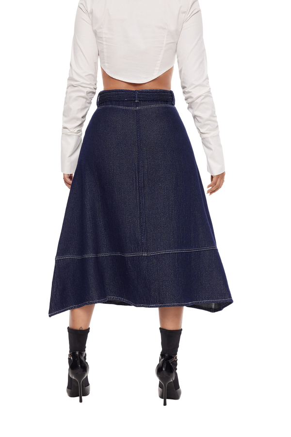 Indigo Elegance Belted A-Line Skirt