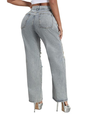 High Waisted Straight Leg Ripped Hole Baggy Denim Pants B241DE0013