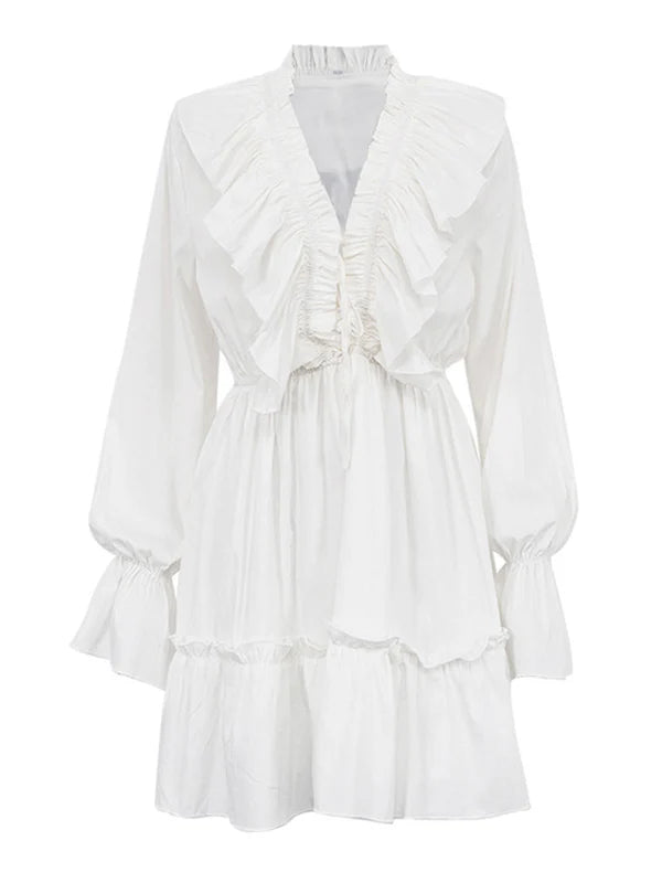 V-Neck Drawstring Flared Sleeve Ruffle White Dress Puffy Skirt