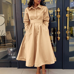 Solid Colour Lapel Long Sleeve A-line Dress