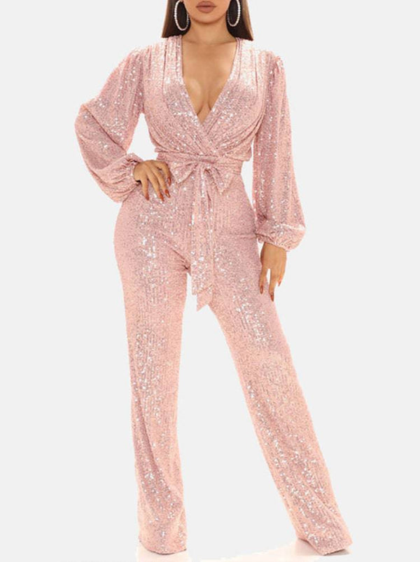 Sequin Long Sleeve V Neck Jumpsuit