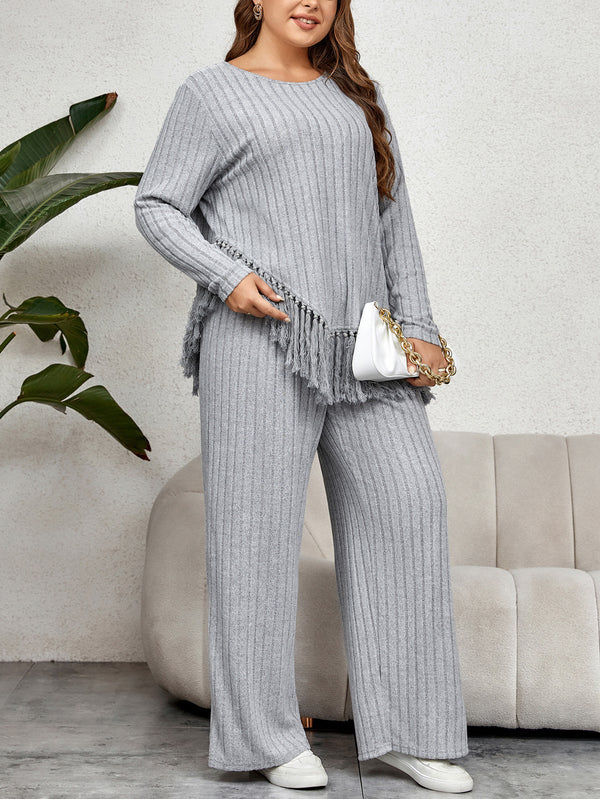 Fringed Long Sleeve Top Loose Wide Leg Pants Set