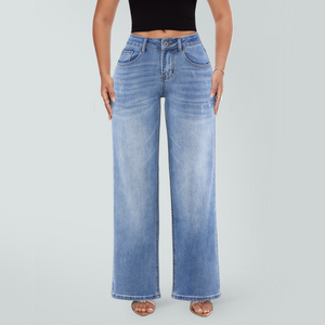 SHAPUM Women's Mid Rise Relaxed Fit Wide Leg Stretch Cuffed Jeans