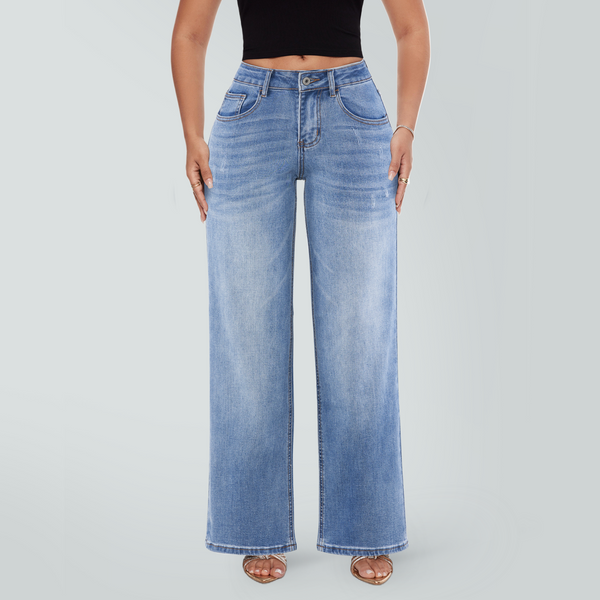 SHAPUM Women's Mid Rise Relaxed Fit Wide Leg Stretch Cuffed Jeans