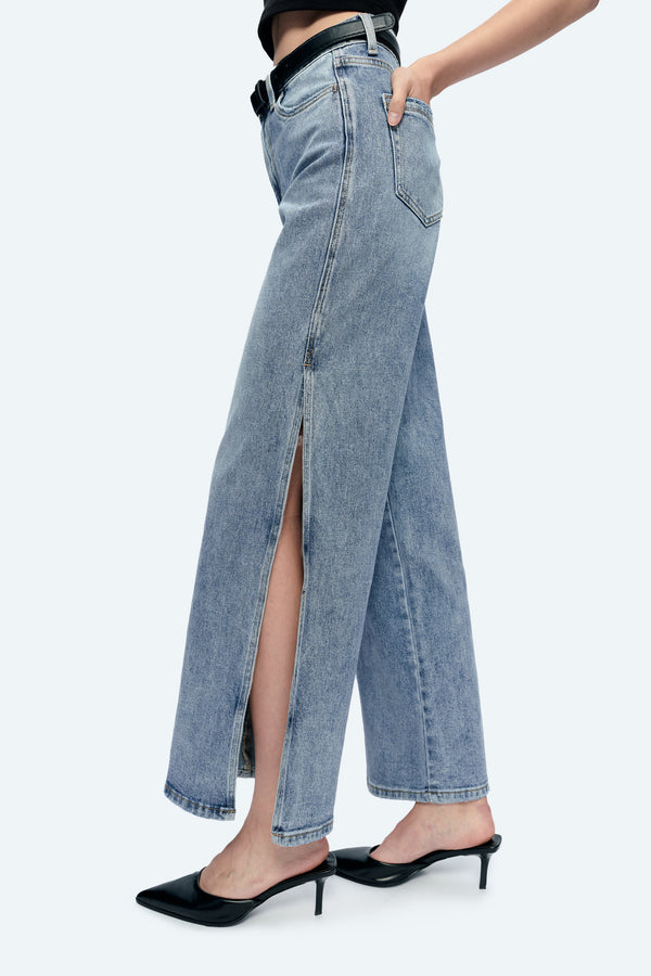 Women High Rise Stretch Wide Leg Side Slit Grinding Jeans BYW8037