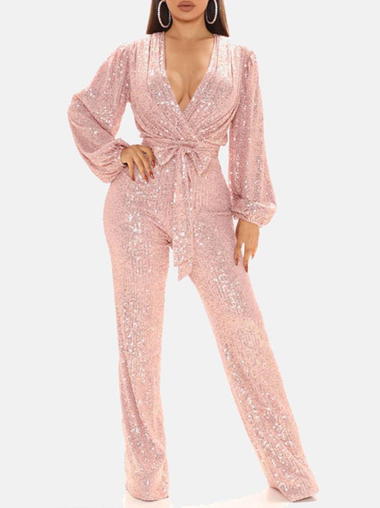 Sequin Long Sleeve V Neck Jumpsuit