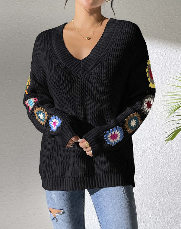 Patchwork V-neck Pullover Sweater