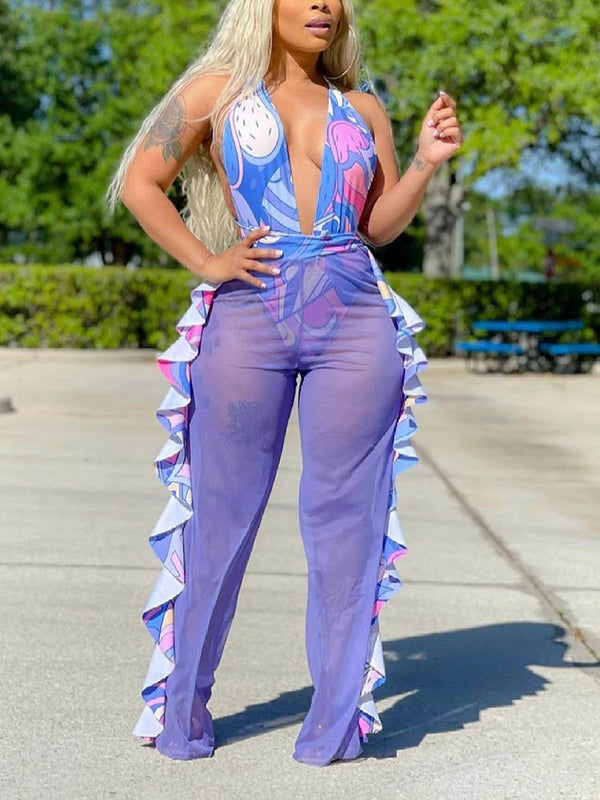 Print Swimsuit Mesh Ruffle Pants Set