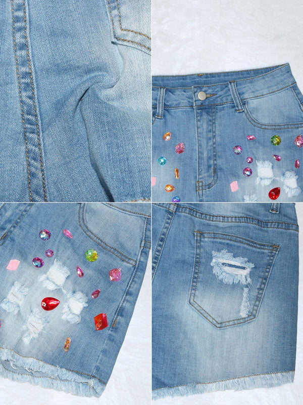 Rhinestone Distressed Denim Shorts