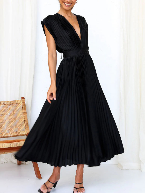 Sleeveless V Neck Pleated Maxi Dress