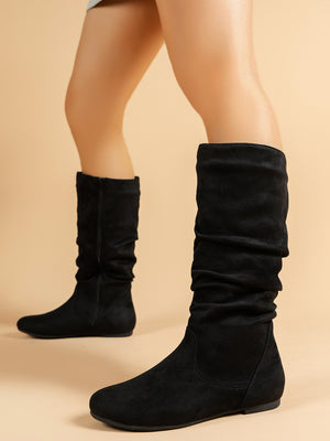 Mid-Calf Side Zipper Ruched Flat Boots