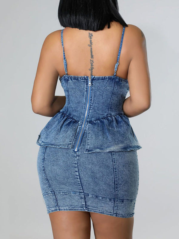 Sleeveless Zipper Ruffles Denim Dress