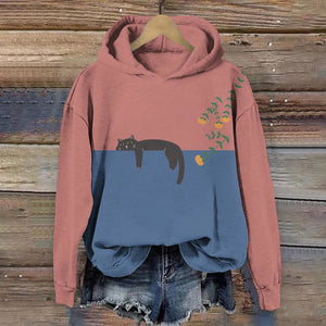 Abstract Creative Lazy Black Cat Painting Art Casual Hoodie