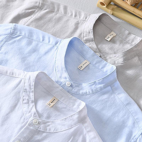 Men's stand-collar cotton and linen thin shirt