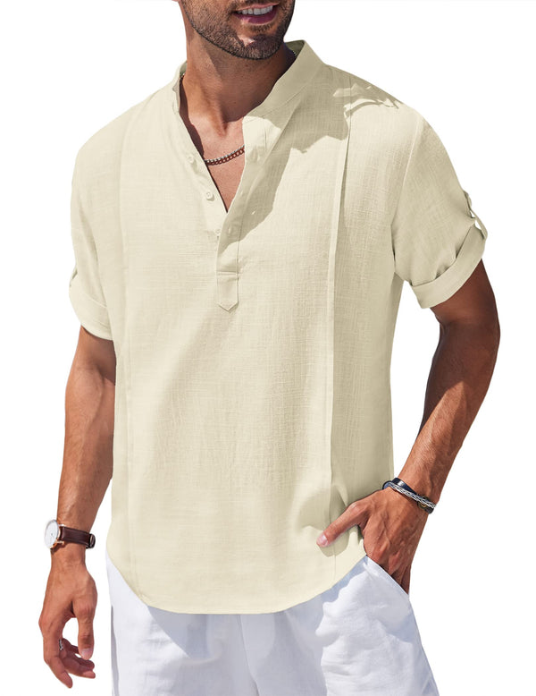 Men's Linen Cotton Henley Shirt Casual Beach Hippie Shirts Short Sleeve T Shirts