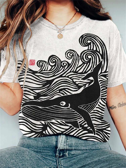 Whale & Waves Ancient Japanese Art Print T-shirt