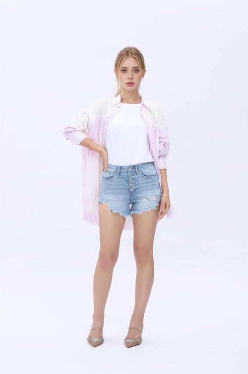 Women's Mid-to-High Rise Distressed Denim Shorts - Light Wash Ripped Jean Shorts with Button Fly and Raw Hem for a Chic Summer Look
