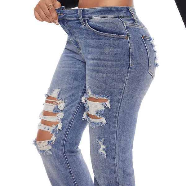 Women Mid Rise Stretch Distressed Slim Fit Casual Straight Leg Denim Jeans -JB8243MD