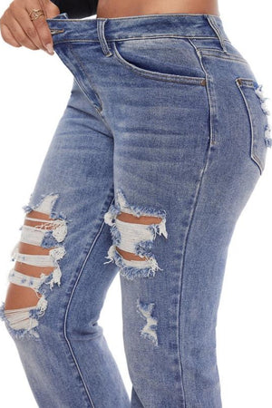 Mid Rise Stretch Distressed Slim Fit Denim