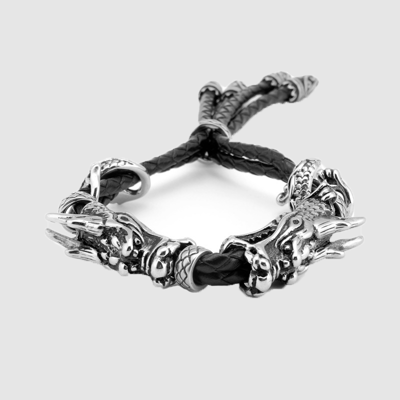 Men's titanium steel double Dragon leather bracelet titanium steel leather accessories