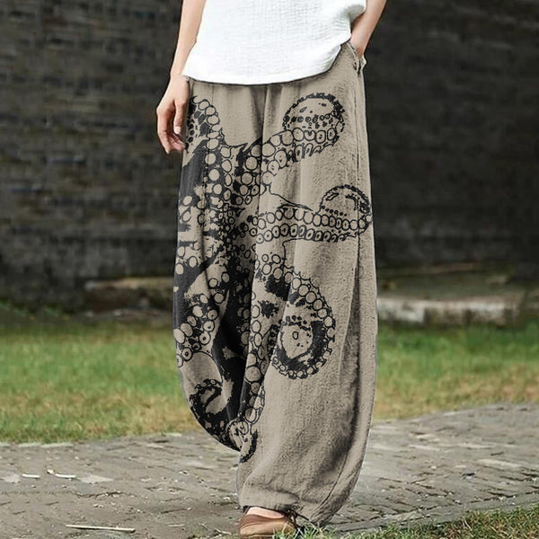 Octopus Asymmetric Print Casual Pants