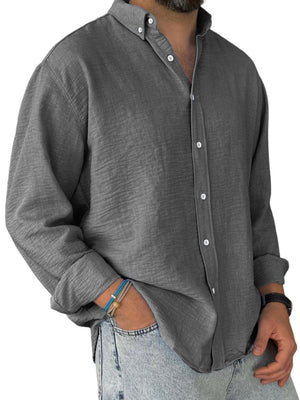 Men's Casual Simple Cotton Lapel Long-Sleeved Shirt