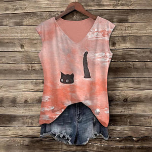 Women's Oil Painting Cat V-neck Tank Top