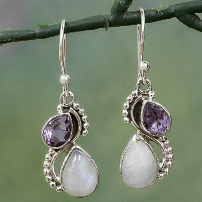 Vintage Amethyst Moonstone Dangle Earrings