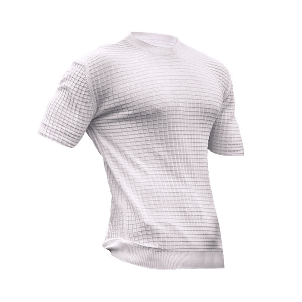 Men's New Small Square Lattice T-shirt Round Collar Casual Half-Sleeve Top