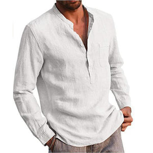 Men's Cotton Linen Summer Solid Color  Stand-Up Collar Long-Sleeved Shirts