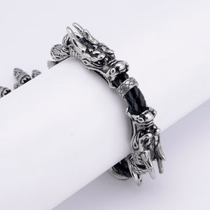 Men's titanium steel double Dragon leather bracelet titanium steel leather accessories