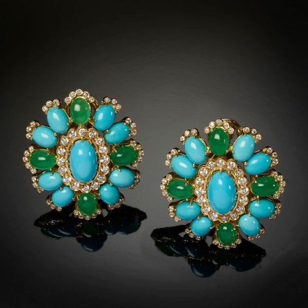 Antique Flower Turquoise Gem Earrings