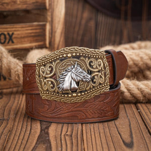 Carved Horse Head Leather Belt Retro Western Cowboy Cowgirl Personality Belt Cross Border Embossed Ethnic Style Unisex