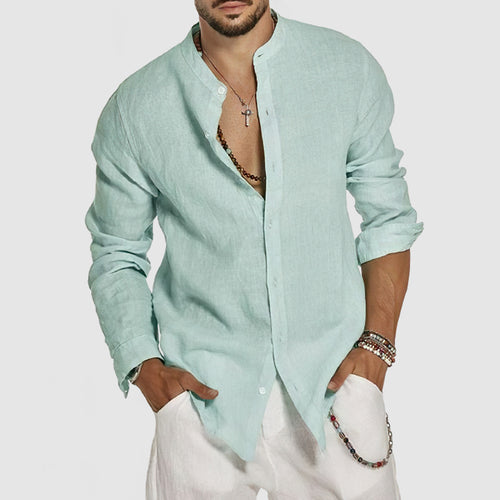 Men's Beach Cotton Linen Standing Collar Shirt