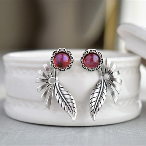 Retro Creative Leaf Ruby Earrings