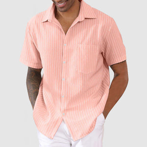 Men's Casual Cotton Linen Striped Short Sleeve Shirt