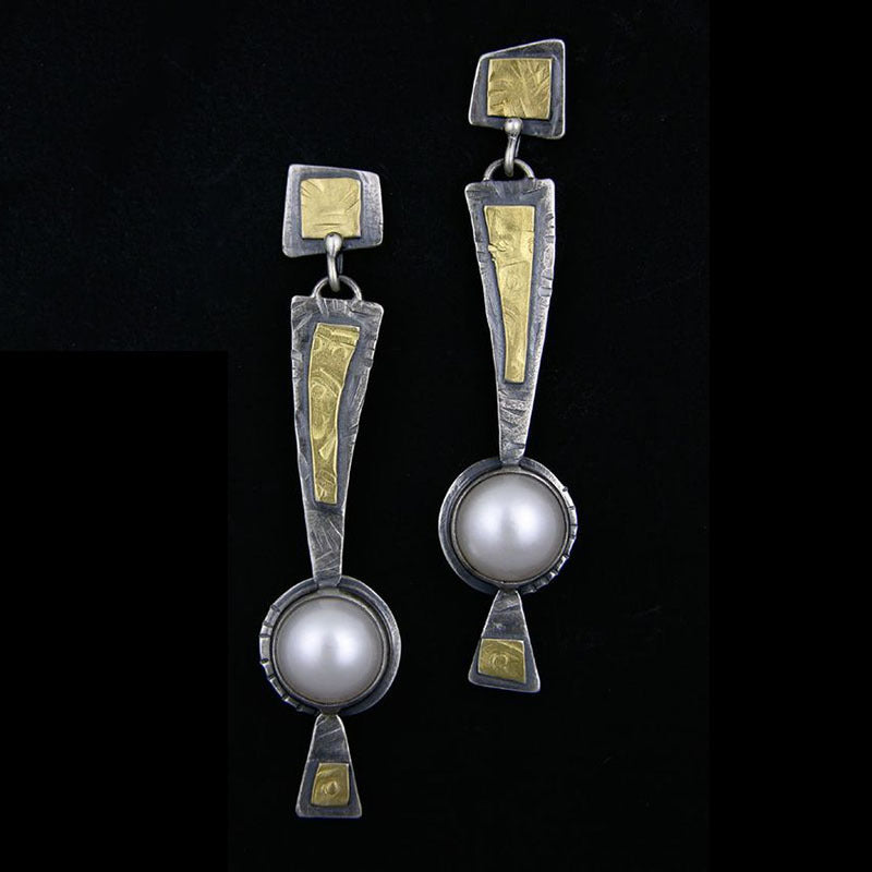 Two tone metal inlaid pearl earrings