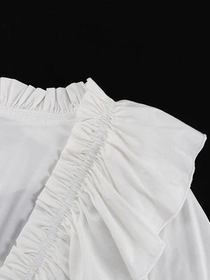 V-Neck Drawstring Flared Sleeve Ruffle White Dress Puffy Skirt